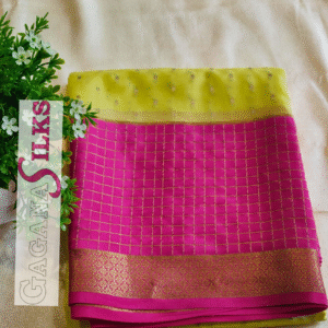 Pure Mysore Crepe Silk- Yellowish-green with contrast pink-GS02MC002