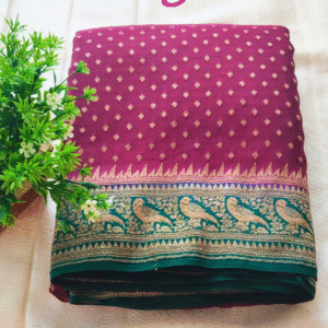 Pure Banaras Crepe Saree-Wine and Dark green-GS03BC008