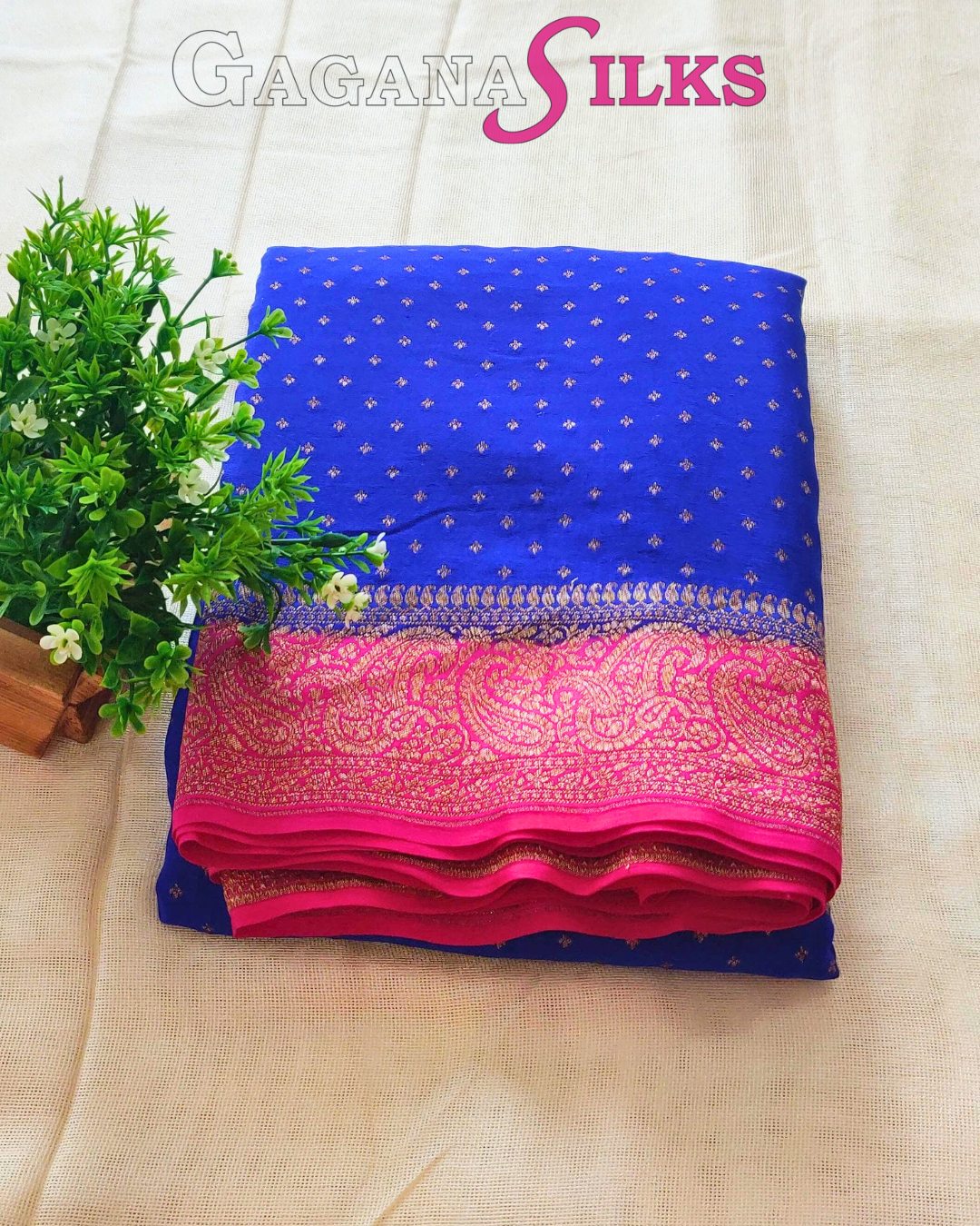 Pure Banaras Crepe Saree-Inkblue and pink-GS03BC009