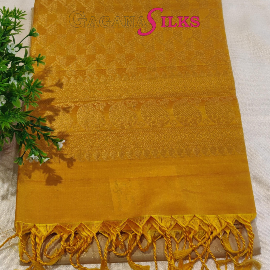 Pure Kanchi soft  Silk  Saree-Cream and Mustard yellow-GS01KA018