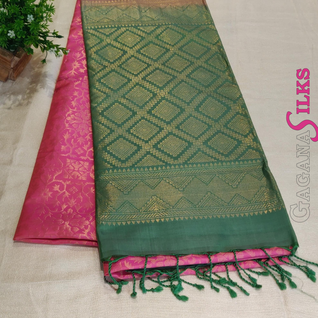 Pure Kanchivaram soft  Silk  Saree-Lightpink and parrot green-GS01KA017